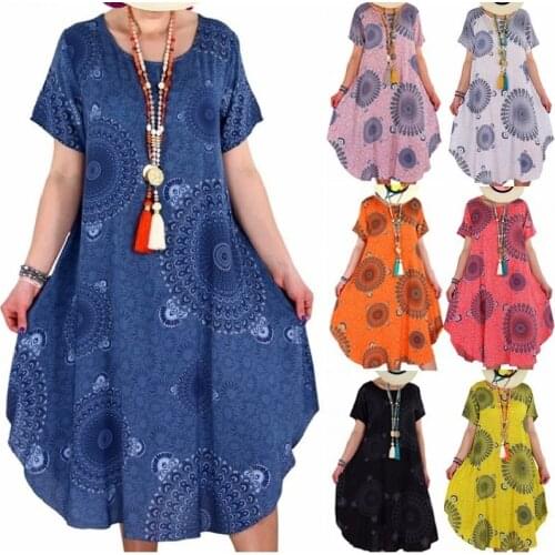 Large Size Loose Women Summer Dresses Short Sleeve Dot Printed Knee-length Dress Thin Big Swing Casual Women Boho Dress Vestidos