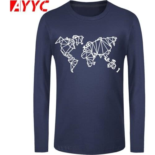AYYC long sleeve tee Brand T-shirt World Map Geometric Line Print T-shirt New Fashion Cotton Men Tops Tee Boy Casual Tshirt