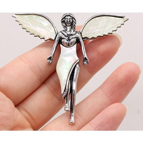 Natural Abalone Brooches Reiki Heal Angel Alloy Pins for Girls Party Weddings Costume Dress Coat Accessories 60x6mm