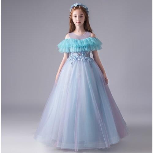 Flower Girl Dresses Princess Off The Shoulder Appliques Beading Embroidery Pearls Ball Gown O-Neck Tulle Kids Party Skirt H123