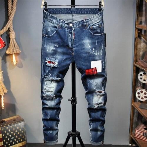 European style italy dsq BIKER JEANS Men slim mens denim trousers button blue hole skinny Pencil Pants jeans DSQUARED2