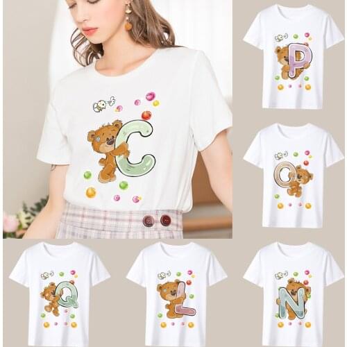 Classic T-shirt Womens Casual Slim Top Simple 26 English Letter Bear Pattern Hot Stamping Series O-Neck Ladies All-match Top