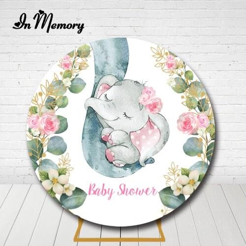 InMemory Flower Green Leaves Baby Elephant Round Backdrop Cover Girls Newborn Baby Shower Baptism 1st Birthday Circle Background