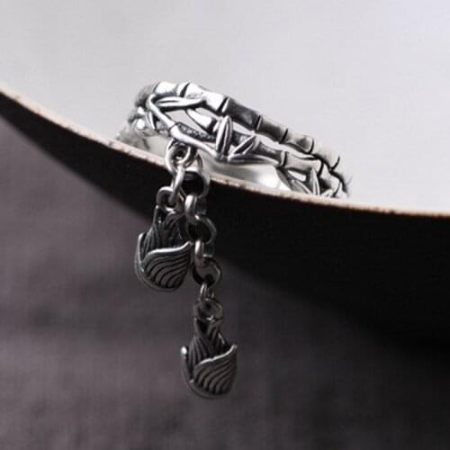 BOCAI New real pure S925 silver jewelry literary fashion bamboo double-layer design bamboo shoot tassel Woman ring
