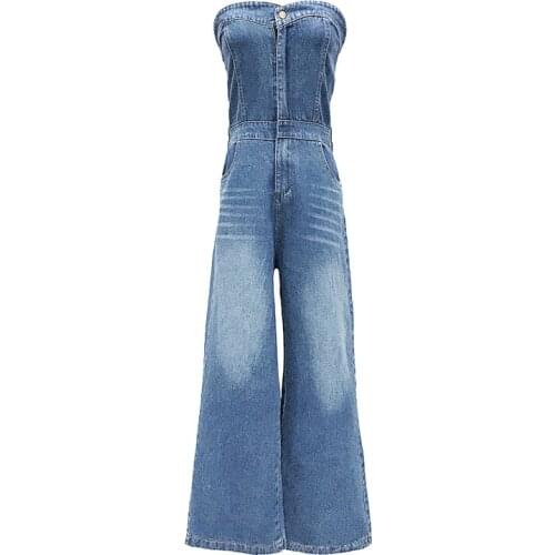 PERHAPS U Women Strapless Sleeveless Full Length Blue Denim Jumpsuit Vocation Holiday Beach Sexy Pocket J0084