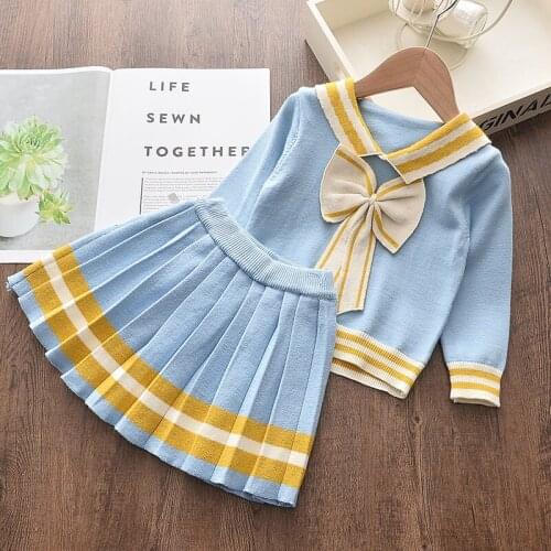 Girls Preppy Clothing Sets 2021 New Fashion Kids Baby Patchwork Knitted Sweaters Ruched Skirt Winter Bow Cute Outfits 2-6 Years