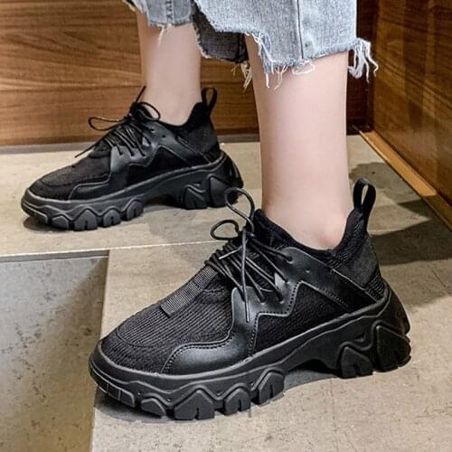 Womens Thick Bottom Sneakers Mesh Breathable Lace Up Female Daddy Shoe Solid Shallow Leisure Ladies Vulcanized Shoes Fashion