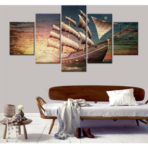 Modular 5 Pieces Sun Boat Pirate Sailboat Sea Rover Moon Sunset Poster Canvas Art Prints Wall Picture Painting Home Decor Office