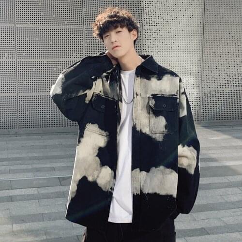 Youthful Tie Dye Denim Jackets Men Black Hipster Korean Style Streetwear Plus Sized Loose Handsome Boyfriend Autumn Male Coats