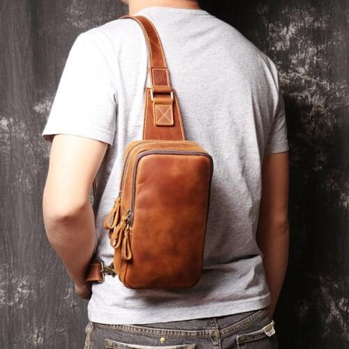 Men Original Crazy Horse Leather Casual Fashion Crossbody Chest Sling Bag Design Travel One Shoulder Bag Daypack Male