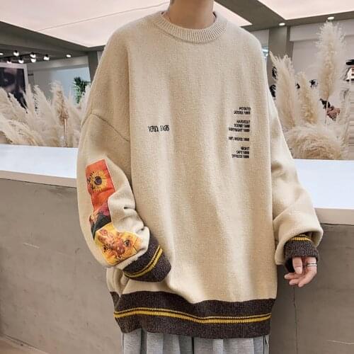 Korean Fashion Winter Knitted Sweater Men Sunflower Oil Painting Print Men Clothes Oversized Crewneck Streetwear Pullover Coat
