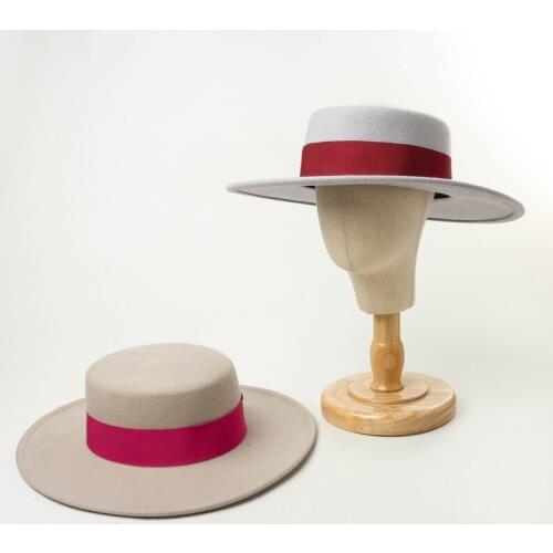 New fashion casual woolen cloth childrens ribbon flat top hat shopping tourism style felt hat