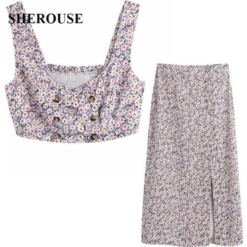 2021 New Women 2 Pieces Set Printed Copped Tops and Split Skirts Suit Fashion Casual Chic Lady Woman Tops & Skirts suit