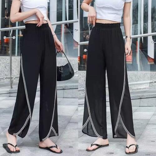 Hot Sale New Summer Chiffon Wide-leg Pants Womens High-waist Drape Thin Loose Straight Nine-point Pants Trousers Women X206