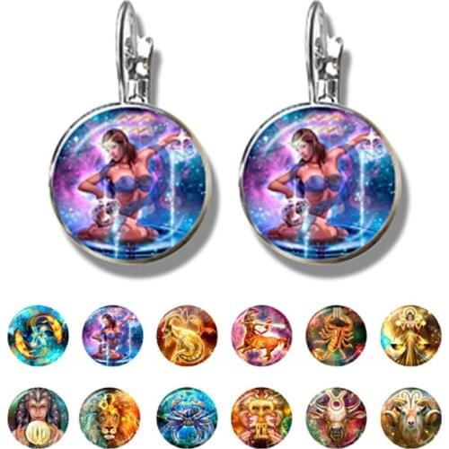 Handmade Esoteric 12 Constellation Earrings Glass Dome Jewelry Zodiac Sign Ear Stud Earring Women Girls Birthday Gifts