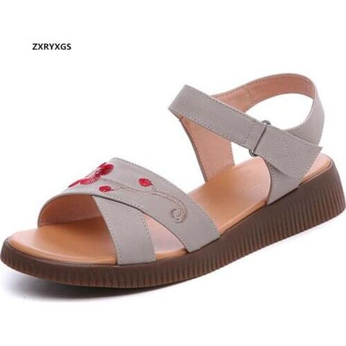 2021 Summer Top Cowhide Embroidered Leather Sandals Women Shoes Fashion Sandals Flat Soft Sole Comfortable Sandals Trendy Shoes