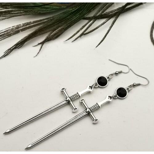 Black Crystal Sword Earrings, Extra Long Shoulder Shoulder Gothic Earrings Witch Goddess Gothic Dangle Earrings