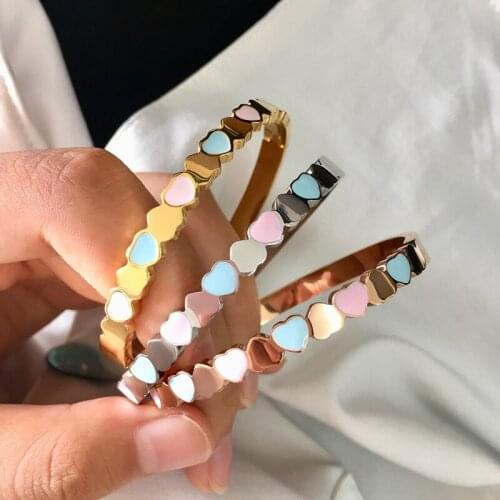 Top Quality Rose Gold Color Stainless Steel Bangle laminar Design Blue Pink Shell Heart Bangle For Women Fashion Jewelry