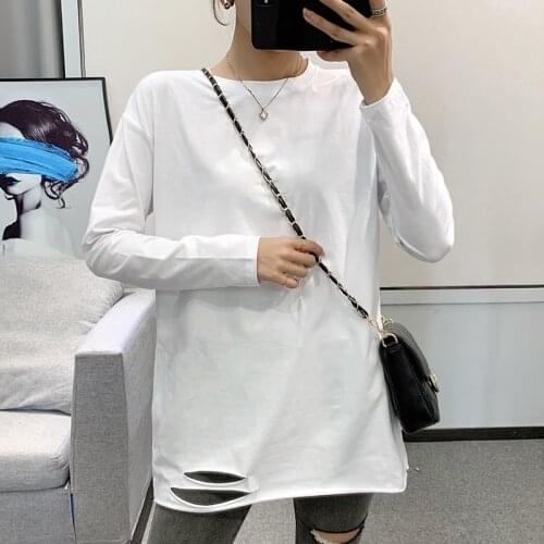 Ripped Long Sleeve Womens T-Shirt Autumn 2021 Round Neck Loose Oversized T-Shirt Solid Color Top Harajuku
