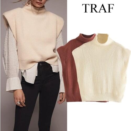 TRAF ZA Women Clothing Vest 2021 Fashion New Knit Sweater Vest Wide Shoulder Women Pullover High Street Warm Knitted Tank Tops