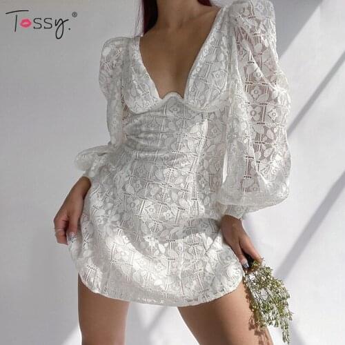 Tossy Sexy Backless V-Neck Lace Sexy Dress Floral Print Drawstring Casual Long Sleeve Mini Dress Vintage White Autumn 2021