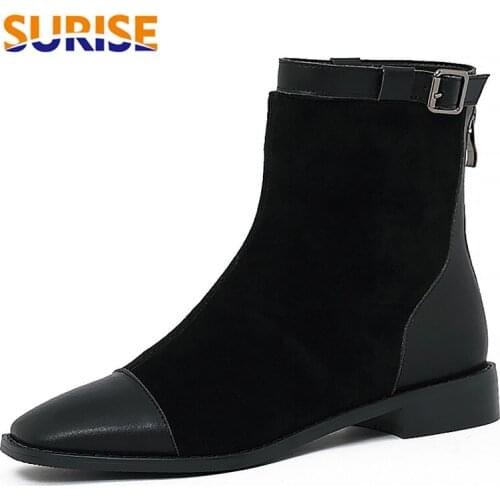 2021 Big Size Winter Plush Women Ankle Boots Black Stretch Suede Low Heel Casual Lady Square Toe Buckle Strap Zipper Short Boots