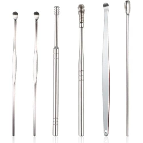 6Pcs/set Ear Wax Pickers Stainless Steel Spiral Earpick Wax Remover Curette Ear Pick Cleaner Ear Spoon Care Ear Cleaning Tools