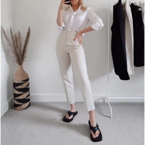 XEASY 2021 New Summer Women Vintage Solid Pants Female Office Lady Bottoms Slim High Waist Casual Chic Ankle-Length Pants