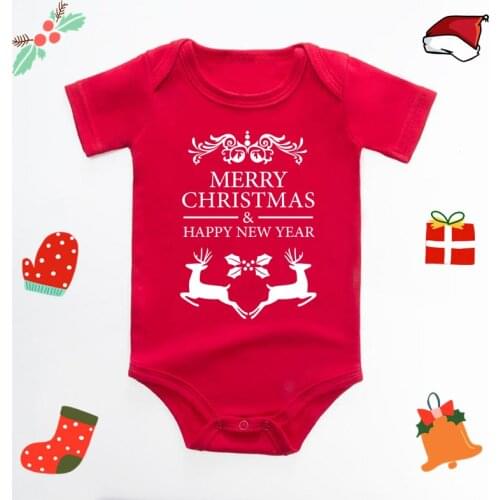 Merry Christmas Reindeer Print Infant Baby Clothes Red Cotton Short Sleeve Bodysuit 0-18 Months Boys Girls Jumpsuit Clothes