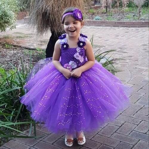 Girls Purple Glitter Tutu Dress Kids Crochet Tulle Dress Ball Gown with Chiffon Flowers and Hairbow Children Costume Party Dress