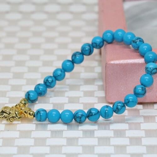 Hot sale fashion calaite 6mm blue round beads strand beaded bracelet cute pig pendant wholesale price jewelry 7.5inch B2105