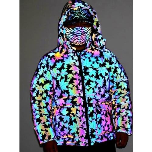 2021 Winter Mens Clothing Rainbow Reflective Jacket Men Maple Leaf Thick Warm Cotton Padded Hip Hop Plus Size Loose Snow Coat