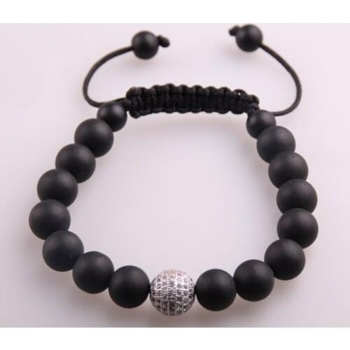 Hot Sale Men Bracelet 10mm Black Stone Beads & 12mm CZ Charm Bracelet For Women Men Fashion Gift Adjust Size