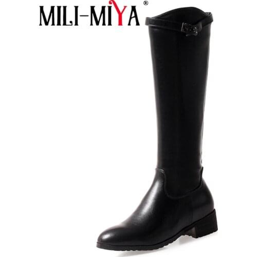 MILI-MIYA Women Fall Winter Fashion Knee High Boots comfy Low Heel Round Toe Women Boots Ladies Buckle Zipper Boots Handmade