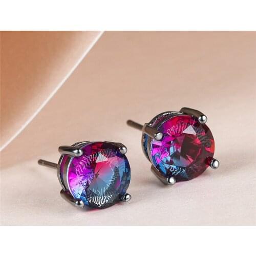 Mystic Blue Green Zircon 8MM Round Rainbow Stone Stud Earrings For Women Wedding Jewelry Vintage Black Gold Multicolor Earrings