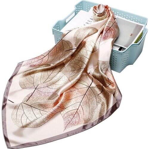 Fashion Leaf Print Scarf Womens Gray Soft Satin Kerchief Imitate Silk Bandana Head Neck Shawl Hijab Wraps 35"*35"