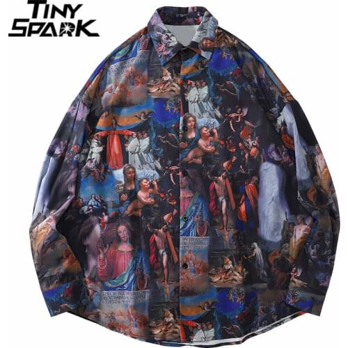 Men Hip Hop Oversize Shirt Streetwear Ancient Painting Print Hawaiian Shirt Autumn Harajuku Loose Long Sleeve Tops Shirt Thin
