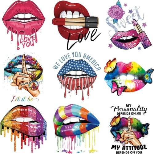 Girls Lips Patches For Clothes Hot Tear Diy Thermal Transfer Iron-On Transfers Leopard Print Lips Patches Washable Sticker