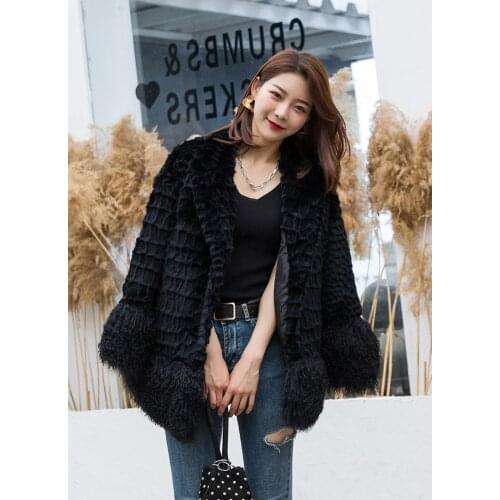 2020 new Womens Real genuine natural rabbit fur coat with lamb fur hem and cuffs lady fashion English-collar jacket