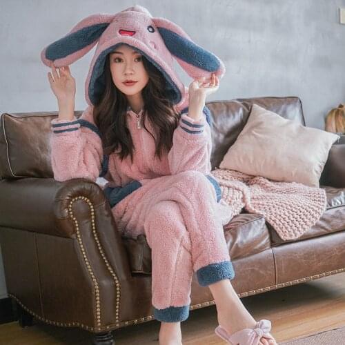 2020 New Adult Women Pajamas Animal Cosplay One Piece Sleepwear umpsuit Flannel Thicken pijamas womens pjs Rabbit ears pajama