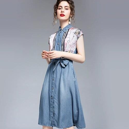 New Denim Dress Women Spring Summer 2021 Fashion Elegant Patchwork Short Sleeve Empire Waist Print Slim A-Line Dress