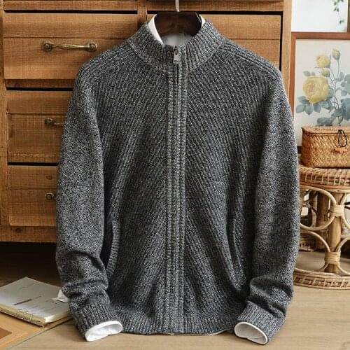 Winter new cardigan 100% pure cashmere sweater mens thick middle-aged jacquard high neck zipper sweater sweater coat casual