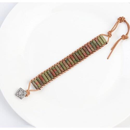 Wholesale Natural Stone Handmade Flowers Green Bracelet Tube Beads Leather Wrap Bracelet Couples Chakra Bracelet Jewelry