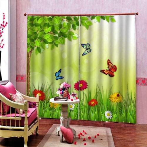 Pastoral leaf flowers Curtain For Living room Bedroom Cartoon butterfly Blackout Window Drapes Indoor Decor 2 Panels With Hooks