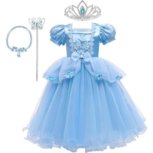 Cendrillon Princess Girls Dress Fairy Tales Deluxe Cosplay Costume Cenderella Blue Gown Kids Party Halloween Birthday Clothes