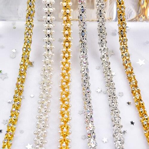 SS28 6mm Pearl Sew on Trim Handmade Flower Cup Rhinestone Chain Silver or Gold Shiny Crystal Rope