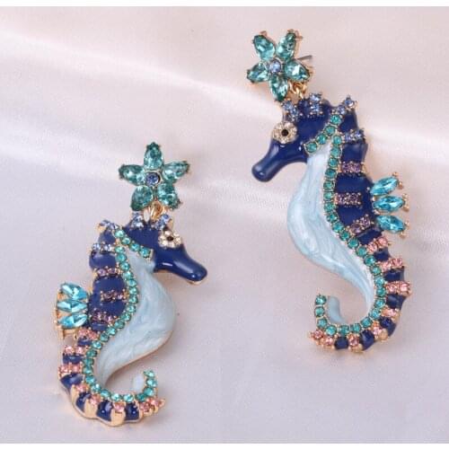 Minar Vintage Blue Colour Enamel Sea Horse Star Pendant Earrings for Women Ladies Bling Bling Rhinestone Dangle Earrings Jewelry