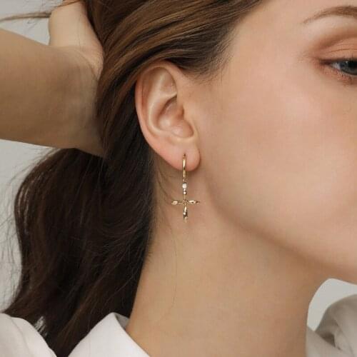 WTLTC Simple Drop CZ Stone Cross Charms Hoop Earrings 2021 925 Sterling Sliver Hanging Hoops Earrings Minimalist Jewelry Femme