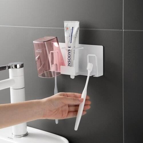 Iron Toothbrush Holder Wall Mounted Tooth Brush Cup Toothpaste Storage Rack Shelf Water Cup Razor Holder Bathroom Organizer