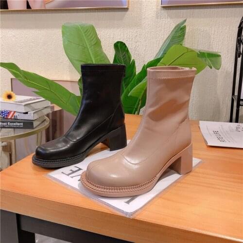 Thick heel stretch boots women 2021 new big round toe French retro high-heeled short boots fashion wild thin Martin boots